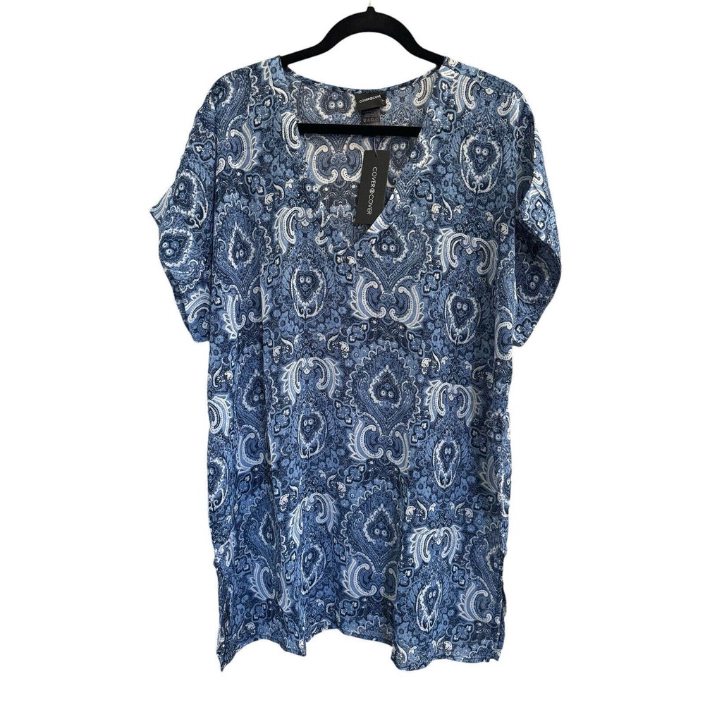 NWT Cover 2 Cover Small Blue White Paisley Sheer Swim Coverup VNeck #2265